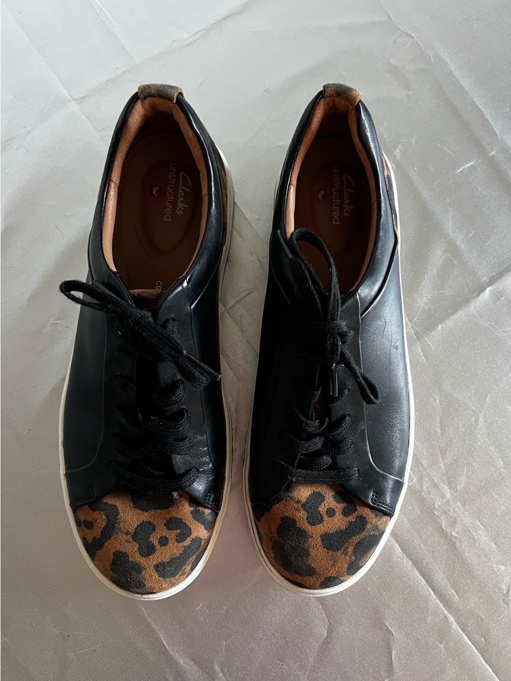 Clarks Women's Black Leather Sneakers with Leopard-Print Toe